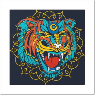 Huichol Style Tiger Head Posters and Art